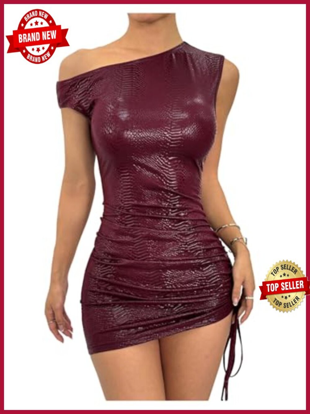 Women's Faux Leather Off Shoulder Mini Dress Party Club Bodycon